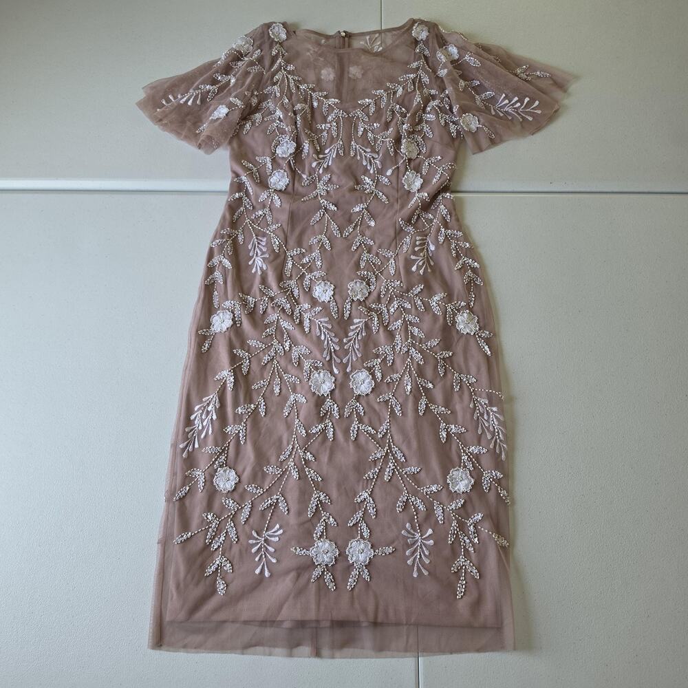 Adrianna Papell Dress Womens 8 Pink Beaded Tulle Floral Sheath Cocktail Wedding